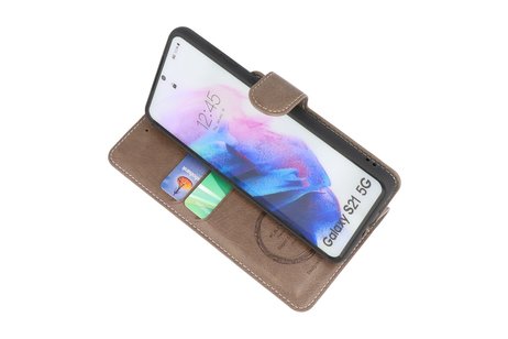 KAIYUE - Luxe Portemonnee Hoesje - Pasjeshouder Telefoonhoesje - Wallet Case - Geschikt voor Samsung Galaxy S21 - Grijs