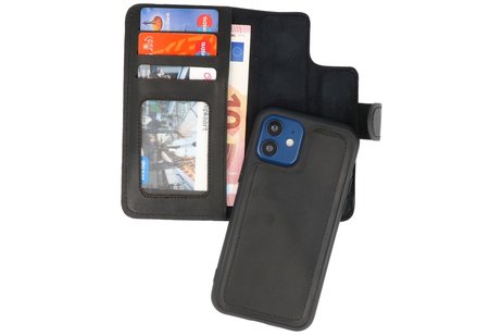 BAOHU 2 in 1 Handmade Lederen Book Case Telefoonhoesje - Leren Portemonnee Hoesje - Wallet Case voor iPhone 12 Mini - Zwart