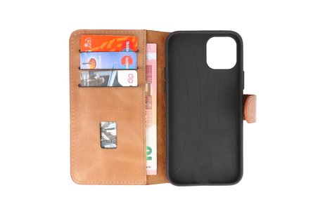 BAOHU Handmade Lederen Book Case Telefoonhoesje - Wallet Case - Portemonnee Hoesje voor iPhone 12 Mini - Zand Bruin