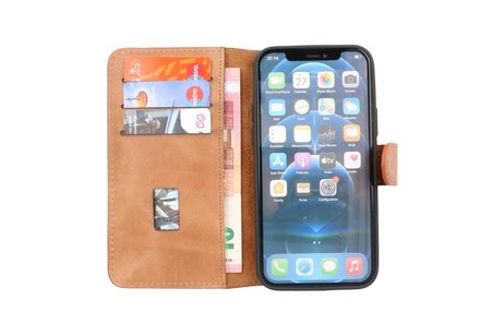 BAOHU Handmade Lederen Book Case Telefoonhoesje - Wallet Case - Portemonnee Hoesje voor iPhone 12 Mini - Zand Bruin