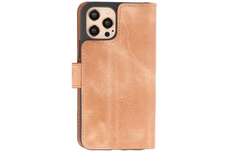 BAOHU Handmade Lederen Book Case Telefoonhoesje - Wallet Case - Portemonnee Hoesje voor iPhone 12 Pro Max - Zand Bruin