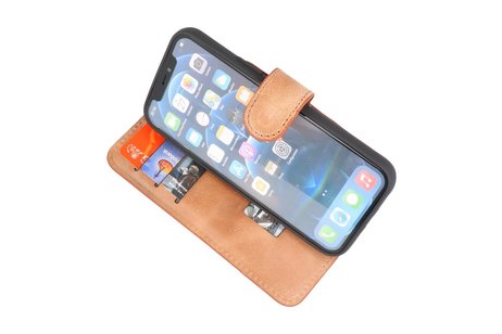 BAOHU Handmade Lederen Book Case Telefoonhoesje - Wallet Case - Portemonnee Hoesje voor iPhone 12 Pro Max - Zand Bruin