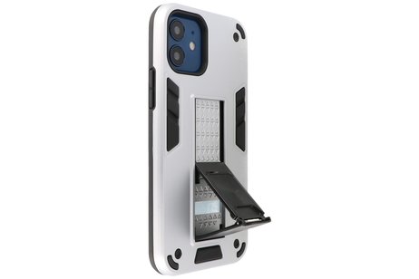 Stand Shockproof Telefoonhoesje - Magnetic Stand Hard Case - Grip Stand Back Cover - Backcover Hoesje voor iPhone 12 Mini - Zilver