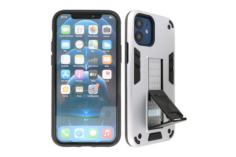 Stand Shockproof Telefoonhoesje - Magnetic Stand Hard Case - Grip Stand Back Cover - Backcover Hoesje voor iPhone 12 Mini - Zilver