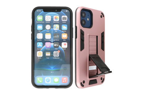 Stand Shockproof Telefoonhoesje - Magnetic Stand Hard Case - Grip Stand Back Cover - Backcover Hoesje voor iPhone 12 Mini - Roze