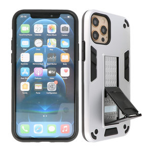 Stand Shockproof Telefoonhoesje - Magnetic Stand Hard Case - Grip Stand Back Cover - Backcover Hoesje voor iPhone 12 - iPhone 12 Pro - Zilver