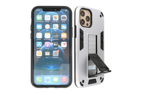 Stand Shockproof Telefoonhoesje - Magnetic Stand Hard Case - Grip Stand Back Cover - Backcover Hoesje voor iPhone 12 - iPhone 12 Pro - Zilver