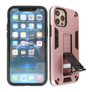 Stand Shockproof Telefoonhoesje - Magnetic Stand Hard Case - Grip Stand Back Cover - Backcover Hoesje voor iPhone 12 - iPhone 12 Pro - Roze