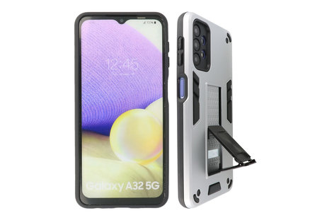 Stand Shockproof Telefoonhoesje - Magnetic Stand Hard Case - Grip Stand Back Cover - Backcover Hoesje voor Samsung Galaxy A32 5G - Zilver