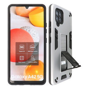 Stand Shockproof Telefoonhoesje - Magnetic Stand Hard Case - Grip Stand Back Cover - Backcover Hoesje voor Samsung Galaxy A42 5G - Zilver
