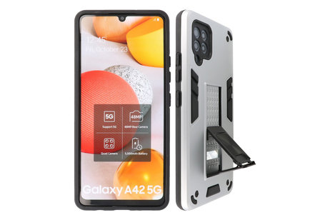 BAOHU Hoesje met Magnetic Stand Hard Case Geschikt voor de Samsung Galaxy A42 5G - Stand Shockproof Telefoonhoesje - Grip Stand Back Cover - Zilver