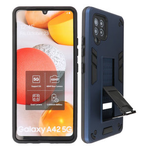 Stand Shockproof Telefoonhoesje - Magnetic Stand Hard Case - Grip Stand Back Cover - Backcover Hoesje voor Samsung Galaxy A42 5G - Navy