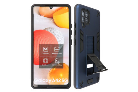 Stand Shockproof Telefoonhoesje - Magnetic Stand Hard Case - Grip Stand Back Cover - Backcover Hoesje voor Samsung Galaxy A42 5G - Navy