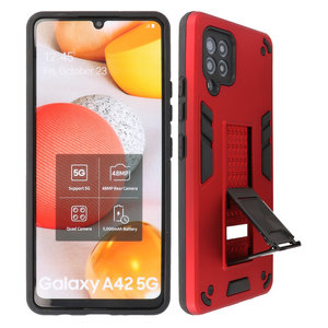 Stand Shockproof Telefoonhoesje - Magnetic Stand Hard Case - Grip Stand Back Cover - Backcover Hoesje voor Samsung Galaxy A42 5G - Rood