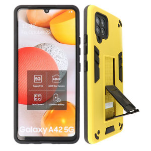 Stand Shockproof Telefoonhoesje - Magnetic Stand Hard Case - Grip Stand Back Cover - Backcover Hoesje voor Samsung Galaxy A42 5G - Geel