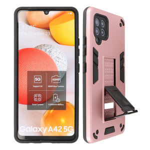 Stand Shockproof Telefoonhoesje - Magnetic Stand Hard Case - Grip Stand Back Cover - Backcover Hoesje voor Samsung Galaxy A42 5G - Roze