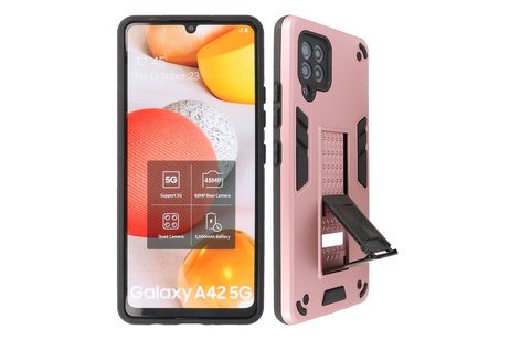 Stand Shockproof Telefoonhoesje - Magnetic Stand Hard Case - Grip Stand Back Cover - Backcover Hoesje voor Samsung Galaxy A42 5G - Roze