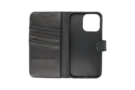 Echt Lederen Book Case Hoesje - Leren Portemonnee Telefoonhoesje - Geschikt voor iPhone 13 Pro - Max Zwart