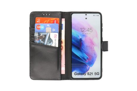 Echt Lederen Book Case Hoesje - Leren Portemonnee Telefoonhoesje - Geschikt voor Samsung Galaxy S21 - Zwart