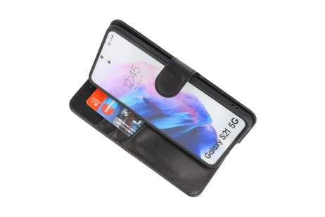 Echt Lederen Book Case Hoesje - Leren Portemonnee Telefoonhoesje - Geschikt voor Samsung Galaxy S21 - Zwart