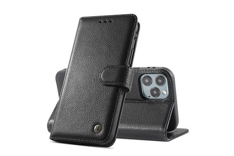 BAOHU Echt Lederen Book Case Hoesje - Leren Portemonnee Telefoonhoesje - Geschikt voor iPhone 12  / iPhone 12 Pro - Zwart