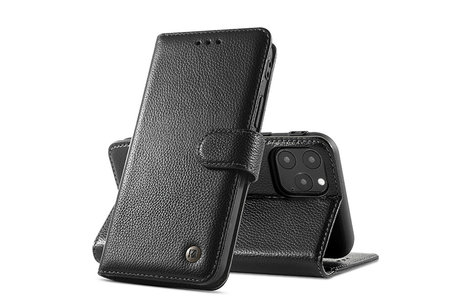 BAOHU Echt Lederen Book Case Hoesje - Leren Portemonnee Telefoonhoesje - Geschikt voor iPhone 11 Pro Max - Zwart