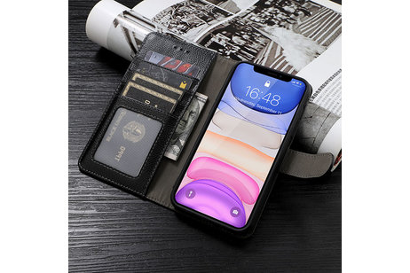 BAOHU Echt Lederen Book Case Hoesje - Leren Portemonnee Telefoonhoesje - Geschikt voor iPhone 11 Pro Max - Zwart