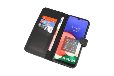 Echt Lederen Book Case Hoesje - Leren Portemonnee Telefoonhoesje - Geschikt voor Samsung Galaxy A22 5G - Zwart