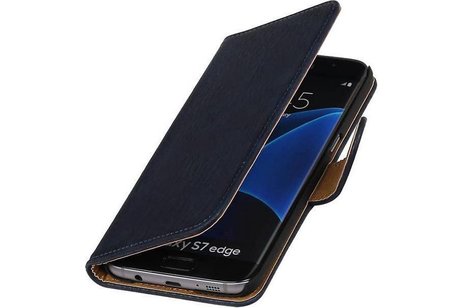 Hout Bookstyle Hoes Geschikt voor de Samsung Galaxy S7 Edge G935F Donker Blauw