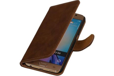 Hout Bookstyle Hoes Geschikt voor de Samsung Galaxy S6 G920F Bruin