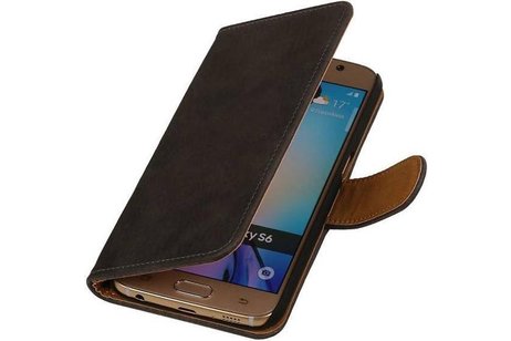 Hout Bookstyle Hoes Geschikt voor de Samsung Galaxy S6 G920F Grijs