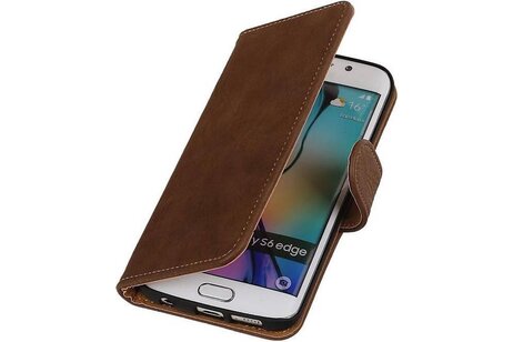 Hout Bookstyle Hoes Geschikt voor de Samsung Galaxy S6 Edge G925 Bruin