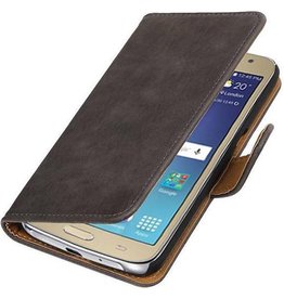 Hout Bookstyle Hoes voor Samsung Galaxy J1 (2016) J120F Grijs