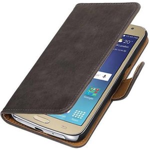 Hout Bookstyle Hoes voor Galaxy J1 (2016) J120F Grijs