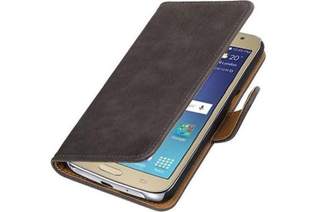 Hout Bookstyle Hoes Geschikt voor de Samsung Galaxy J1 (2016) J120F Grijs