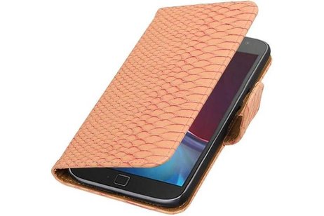 Snake Bookstyle Wallet Case Hoesje voor Moto G4 / G4 Plus Licht Roze