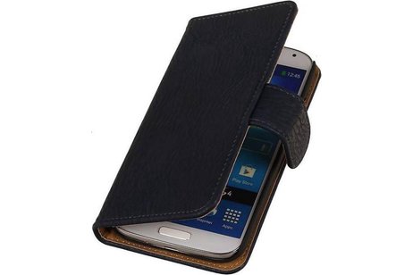 Hout Bookstyle Wallet Case Hoesje Geschikt voor de Samsung Galaxy S4 i9500 Donker Blauw