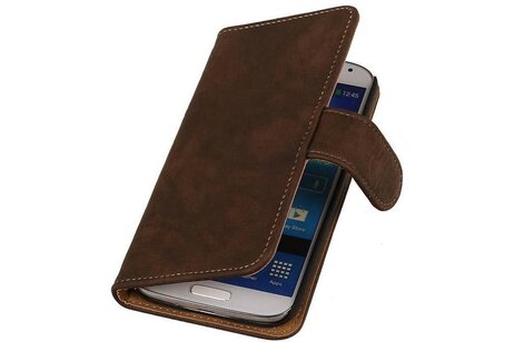 Hout Bookstyle Wallet Case Hoesje Geschikt voor de Samsung Galaxy S4 i9500 Donker Bruin