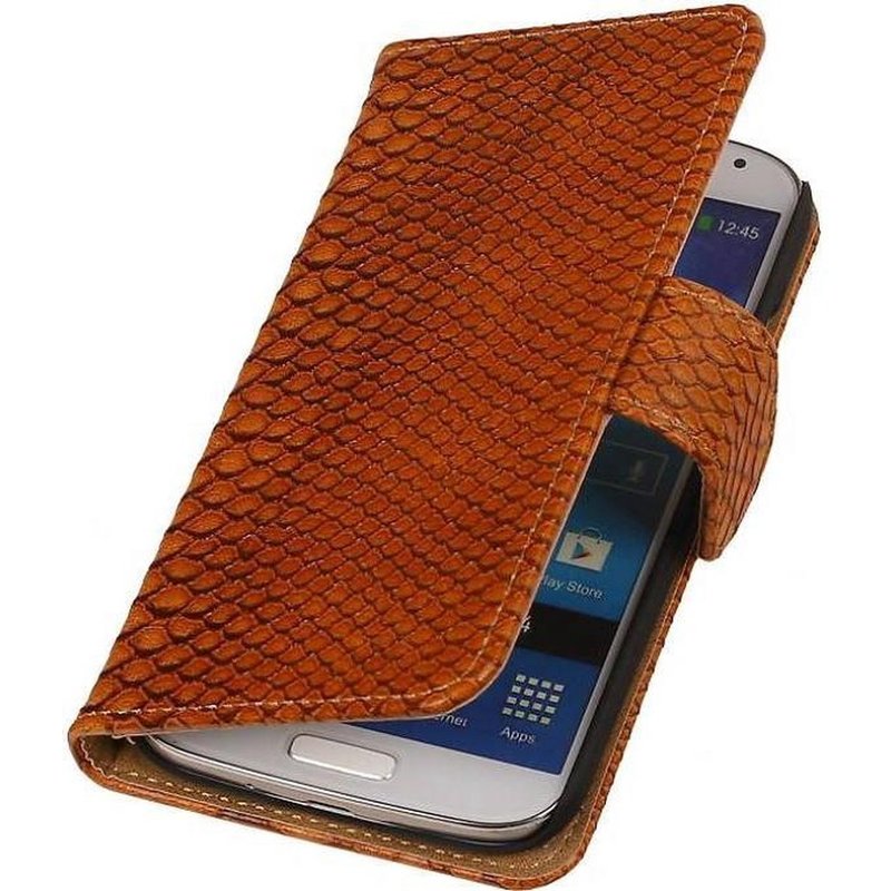 Productie Pompeii vloeistof Slang Patroon Bookcase Hoes voor Samsung Galaxy S4 Mini Bruin -  MobieleTelefoonhoesje.nl
