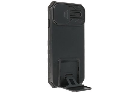 Premium Kwaliteit Anti Shock Hoesje - Back Cover - Camerawindow met Stand Functie - Geschikt voor iPhone 14 Pro - Zwart