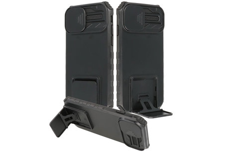 Premium Kwaliteit Anti Shock Hoesje - Back Cover - Camerawindow met Stand Functie - Geschikt voor iPhone 14 Pro - Zwart