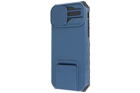 Premium Kwaliteit Anti Shock Hoesje - Back Cover - Camerawindow met Stand Functie - Geschikt voor iPhone 14 Pro - Blauw