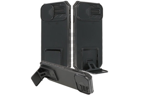 Premium Kwaliteit Anti Shock Hoesje - Back Cover - Camerawindow met Stand Functie - Geschikt voor iPhone 14 Plus - Zwart