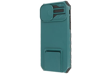 Premium Kwaliteit Anti Shock Hoesje - Back Cover - Camerawindow met Stand Functie - Geschikt voor iPhone 14 Plus - Donker Groen