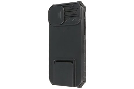 Premium Kwaliteit Anti Shock Hoesje - Back Cover - Camerawindow met Stand Functie - Geschikt voor iPhone 14 Pro Max - Zwart