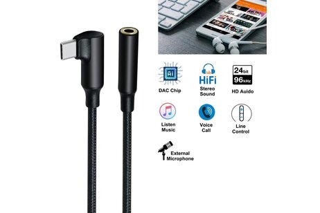 USB-C recht-hoek naar 3.5 mm audio-adapterkabel - DCH-2932 - Zwart