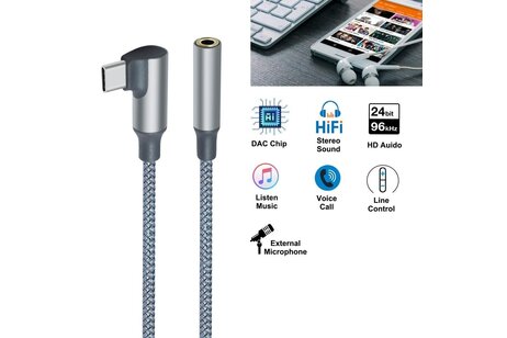 USB-C recht-hoek naar 3.5 mm audio-adapterkabel - DCH-2933 - Grijs