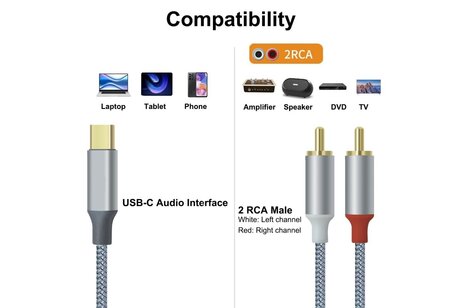 USB-C naar 2RCA audiokabel 1 m - DCH-2937 - Grijs