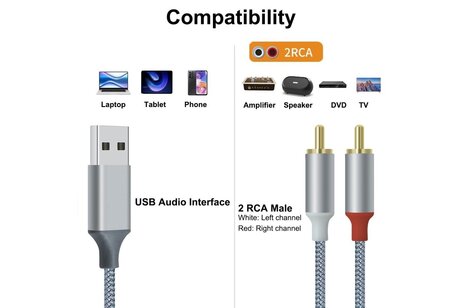 USB naar 2RCA audiokabel 1 m - DCH-2938 - Grijs