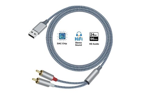 USB naar 2RCA audiokabel 1 m - DCH-2938 - Grijs